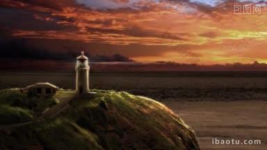 动画中的灯塔在日落时向海上发出光芒，云层翻滚，成群的鸟飞过